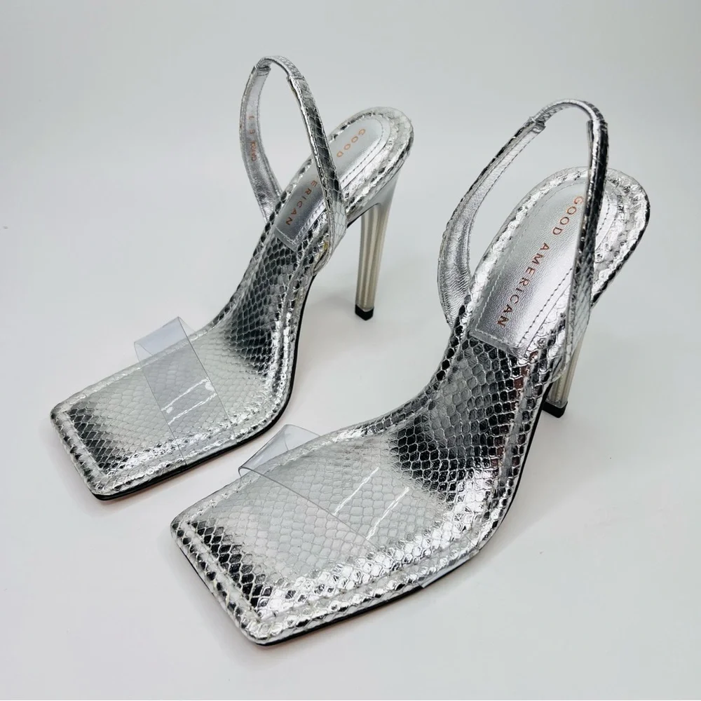 Good American Silver Snake Skin & Lucite Square Toe Slingback Stiletto Heels